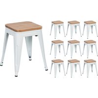 Pack 10 Taburetes Bajos Industriales Apilables de Acero y Madera 38x38x46cm Thinia Home