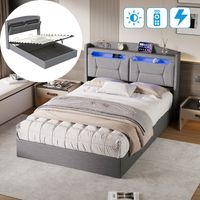 Stauraumbett 140x190 cm aus Leinen – Erwachsenenbett mit LED-Beleuchtung, Ladeanschluss, Lattenrost, Kopfteil mit Stauraumregal – Grau