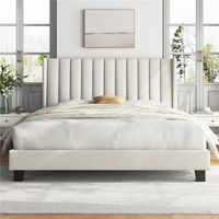 Yaheetech Lit Double Rembourré avec Sommier à Lattes, Cadre de Lit Moderne pour Adultes 2 Personnes, Tête de Lit à Rayures, Lit en Bois et Métal, Beige,160x200 cm