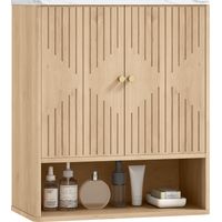 Armadietto Bagno a Parete con Ripiano Aperto e Ante Decorate, Piano Effetto Marmo, 60x18x70 cm, Rovere
