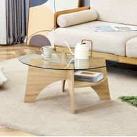 REDOM - Mesa de centro redonda 80x80x36 cm, tablero de vidrio de seguridad, estructura en abanico de MDF, transparente y madera natural