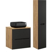 Waschtisch und Hängesäule 60cm Elora mit 2 Schubladen, Schwarz und Holzoptik