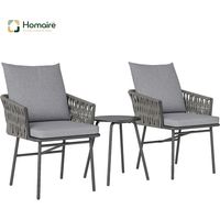 HOMAIRE Set de bistrot en rotin avec 2 chaises, table basse et coussins amovibles pour jardin et terrasse, en acier, gris