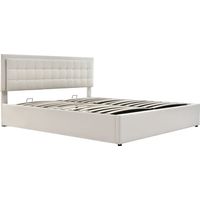 Lit capitonné avec sommier à lattes et espace de rangement, lit double avec barre d’éclairage LED, cadre de lit 140x200 cm, lit de rangement, lit fonctionnel, revêtement en similicuir blanc (avec mate