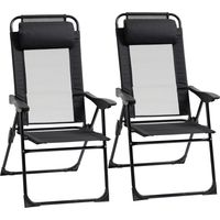 Sillas de camping plegables con reposacabezas desmontable y respaldo reclinable 62x70x109 cm Negro, pack de 2