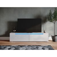SIRHONA TV Board Möbel Hängend TV Schrank Board mit 2 Klapptüren Weiß Hochglanz 180x35x30cm mit Einstellbar LED Beleuchtung