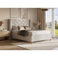 Deco In Paris – Lit double capitonné beige 160x200 cm – Tête de lit haute – Sommier à lattes en bois arqué – Confort optimal pour nuits paisibles