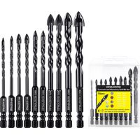 Steinbohrer Set, 10 tlg. Fliesenbohrer Glasbohrer mit 4 Schneiden Hartmetallspitze für Keramikfliesen, Ziegelmauer, Beton, Wandspiegel, Glas, Kunststoff, Holz und Mauerwerk, Ø 3-12 mm