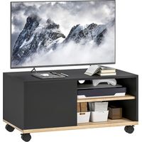 TV-Board auf Rollen mit Bremsen, TV-Möbel mit Schrank und verstellbarer Ablage, Schwarz und Eiche