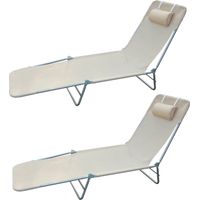 Lettini Prendisole Pieghevoli Beige, Schienale Reclinabile 4 Livelli, Metallo e Tessuto a Rete, Set 2