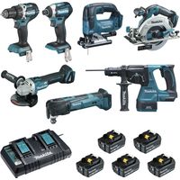 Packung mit 7 18-V-Maschinen – Bohrer DDF484 + Schraubendreher DTD154 + Schleifer DGA506 + Säge DHS680 + Locher DHR243 + Fräser DTM51 + Säge DJV182 – MAKITA – mit 5 Akkus 18 V 5 Ah + 2 Schnellladegerä