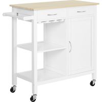 Carrello da Cucina Classico con 2 Cassetti e Ruote, Isola Cucina con Armadietto 2 Ante Salvaspazio, 89x40x84cm, Bianco