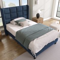 Letto Singolo 90×200 cm con Testiera Imbottita e Struttura Silenziosa, senza Materasso, in Lino - Blu