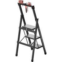 Échelle - échelle pliante en trois marches, avec porte-outils et pieds antidérapants, capacité de charge 150 kg, bande de roulement élargie 17 × 27 cm, noire