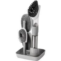 Brosse à vaisselle avec réservoir, brosse à vaisselle avec distributeur de savon et support, brosses éponges 4 en 1 et poils de cuisine pour laver la vaisselle et nettoyer (gris)