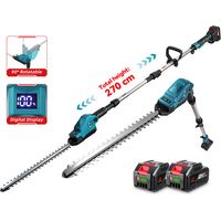 Tagliasiepi elettrico telescopico 2,7 m, lama a doppia azione 50 cm, diametro di taglio 1,6 cm, testina girevole regolabile a 90°, con due batterie.