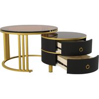 Table Basse Ronde 2-en-1 – 70×70×45cm + 50×50×40cm, Dessus Brillant + Verre Trempé Marron, 2 Tiroirs, Pieds Métal Laqué