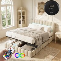 Lit coffre 180x200 cm avec chargement USB Type C et LED, Lit double hydraulique avec sommier à lattes, Lit fonctionnel, rangement, Lin beige