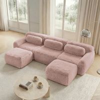 Canapé d'Angle Modulaire en L - 291x179x73cm - Canapé Profond en Tissu Peluche avec 2 Ottomans et Coussins - Rose