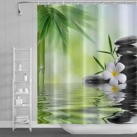 Shower curtain “Water Spa”, 180 x 200 cm, green bamboo leaves, orchid blossom, Zen meditation, basalt stones, floral design for bathroom, polyester with hooks