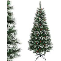 COSTWAY Sapin de Noël Artificiel 150cm avec Flocons de Neige avec Baies Rouges Dense,Base en Métal 100% PVC Décoration de Vacances