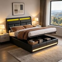 Bett mit Stauraum 140 x 200 cm, schwenkbare LED-Beleuchtung, hydraulischer Stauraum, Lattenrost aus Massivholz – Schwarz