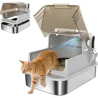 Arenero para Gatos de Acero Inoxidable XXL con Tapa Abatible Laterales Altos Entrada Superior Pala Gris