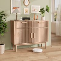 Buffet en bois chêne style scandinave moderne avec 2 tiroirs amortis et 2 portes lamelles cannelées structure robuste meuble de rangement multifonction pour cuisine salon salle à manger
