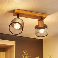 GBLY Deckenlampe Flur Deckenstrahler Holz Vintage Deckenleuchte 2 flammig E14 Flurlampe Schwarz aus Metall Wandstrahler Schwenkbar mit Gitterschirm Retro Spotleuchte für Küche Bar ohne Leuchtmittel