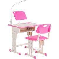 Set Scrivania e Sedia per Bambini 6-12 Anni ad Altezza Regolabili, Banco Scuola con Lampada, Cassetto, Gancio, Portapenne e Leggio, Set Banco con Sedia per Bambini in Acciaio e MDF, Rosa