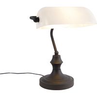 Qazqa – Lampe de notaire classique noire avec verre opale – Hauteur 34,5cm – Culot E27 – Longueur 26,5cm – Éclairage intérieur chaleureux