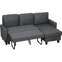 Divano letto 3 posti con chaise e contenitore, tessuto effetto lino, grigio carbone 197x129x85 cm