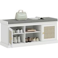 Banco Zapatero con Puertas Frentes de Ratán Estantes Ajustables y Abiertos para Entrada Dormitorio 105x35x47 cm Blanco