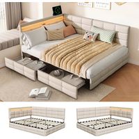 Lit Double 140x200 cm en Lin Beige, 2 Places, Canapé Lit avec Tête de Lit Intelligente, Éclairage LED et Port USB, 2 Tiroirs de Rangement