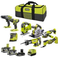 Ryobi – Pack de 8 outils électroportatifs 18V – 2 batteries 5.0Ah et 1 batterie 2.0Ah – Chargeur rapide inclus – Sac de transport