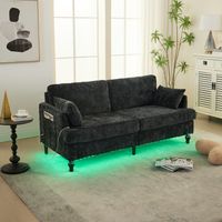 Sofá recto, sofá de 2 plazas con iluminación LED, puerto USB y bolsillos laterales, de tela, patas de madera, negro