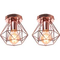 Vintage Pendant Lighting Fixture, Industrial Ø16cm Mini Diamond Shape Metal Hanging Ceiling Lamp, Chandelier with Rosegold Cage Lampshade for Bedroom Living Room Kitchen Island 2PCS