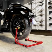 Chariot de Moto 544 kg, Fourches Réglables en U et L, Roulettes et Roulements Antidérapants, Rouge