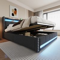 Letto imbottito 180200 cm con illuminazione a LED e presa USB, testiera con ripiani e vano contenitore, con meccanismo di sollevamento idraulico, letto matrimoniale per adulti, tessuto di lino grigio