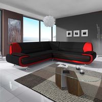 Mobilier Deco – Canapé d'angle 5 places en simili cuir noir et rouge – Dimensions 216x216x89 cm – Assise ferme et accoudoirs rembourrés – Pieds chromés