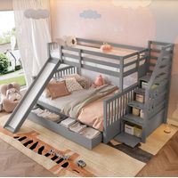 Etagenbett mit Rutsche modern aus Kiefer Grau 90x200 / 140x200 cm mit Schubladen, Stauraum und Treppe