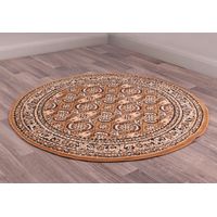 Traditional Poly Esta Bordered Classical Floral Gold Rug Floor Mat Carpet Circle 120 x 120 cm (4x4') Round
