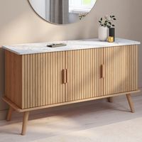 Aparador JULIETTE 110 cm, encimera efecto mármol, 3 puertas de lamas, lamas de madera color roble