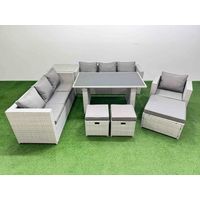 Fimous Patio Garden Furniture Sets with Black Glass Top Dining Table 3 Seater Sofa Armchair Side Table 3 Stool Light Grey