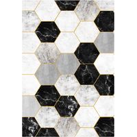 Modern Abstract Low-Pile Rug � Non-Slip & Machine Washable Floor Carpet for Living Room, Bedroom & Hallway � Neutral Short Shag Design HEXAGON RUG 160230CM BLACK