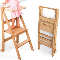 Space-Saving Montessori Wooden Kitchen Helper: Foldable Learning Tower, Toddler Step Stool with Anti-Tip Safety Design (Beige)
