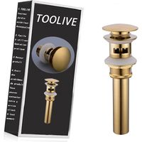 Brass Bathroom Basin Sink Slotted Waste Drain Stopper Modern Pop Up Click Clack Sprung Plug with Overflow, Brushed Gold