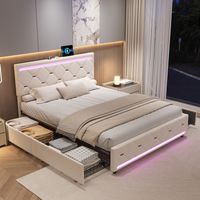 Polsterbett 140x190 cm mit 4 großen Stauraumschubladen - LED-Kopfteil mit 7 Farben und USB/Type-C - Samt - Beige