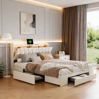 Bett 160 x 200 cm, Erwachsenenbett, beige, Schubladen, verstellbare LED-Beleuchtung, gepolstertes Kopfteil, Holz- und Metallrahmen