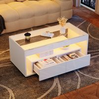 Mesa de centro de 100×50×40 cm, con 2 cajones, tapa de cristal, luz LED, ideal para salón o dormitorio, blanca